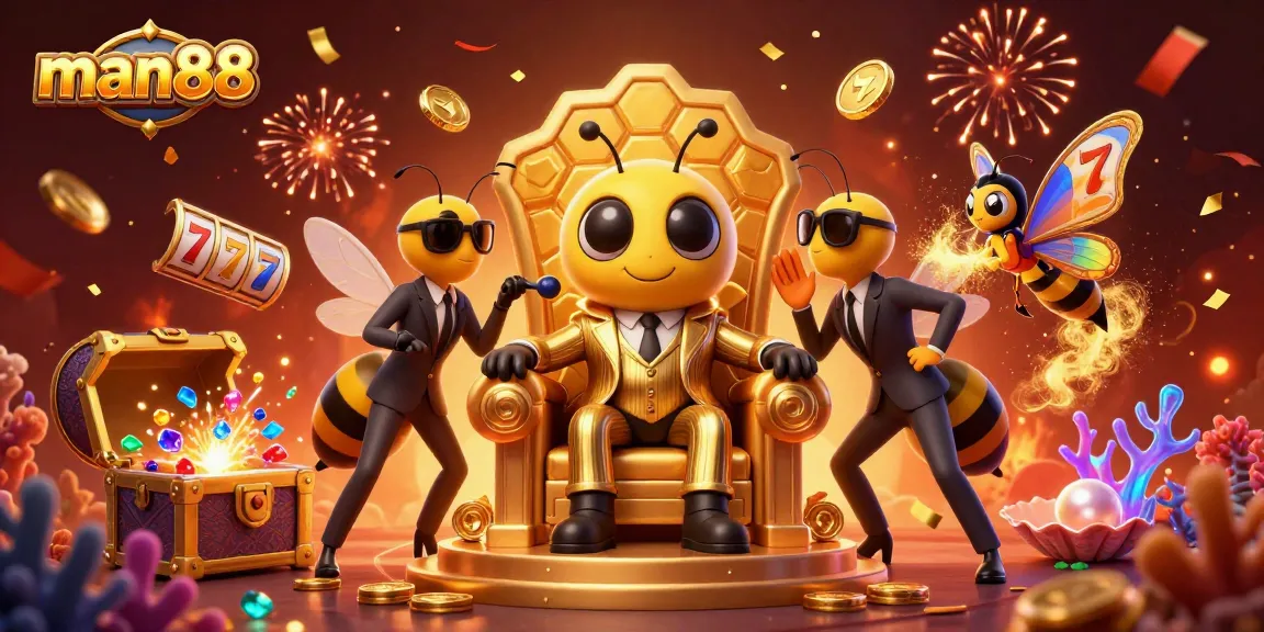 Experience thrilling gameplay with man88, featuring a vibrant casino scene with characters surrounded by slot machines and treasures.