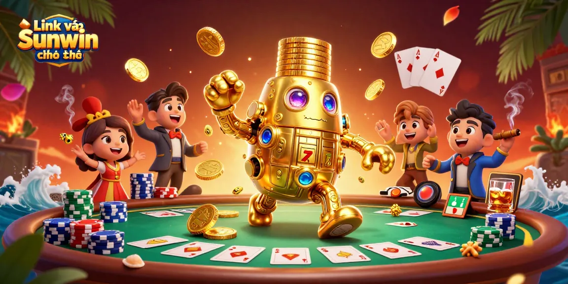 Win big with Link vào Sunwin chính thức, showcasing a dynamic casino scene with poker elements and vibrant characters.