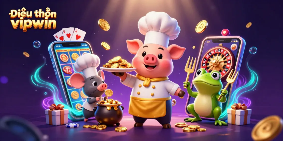 Engage with the world of Điều khoản vipwin showcasing a 3D culinary casino scene filled with characters and vibrant gambling elements.
