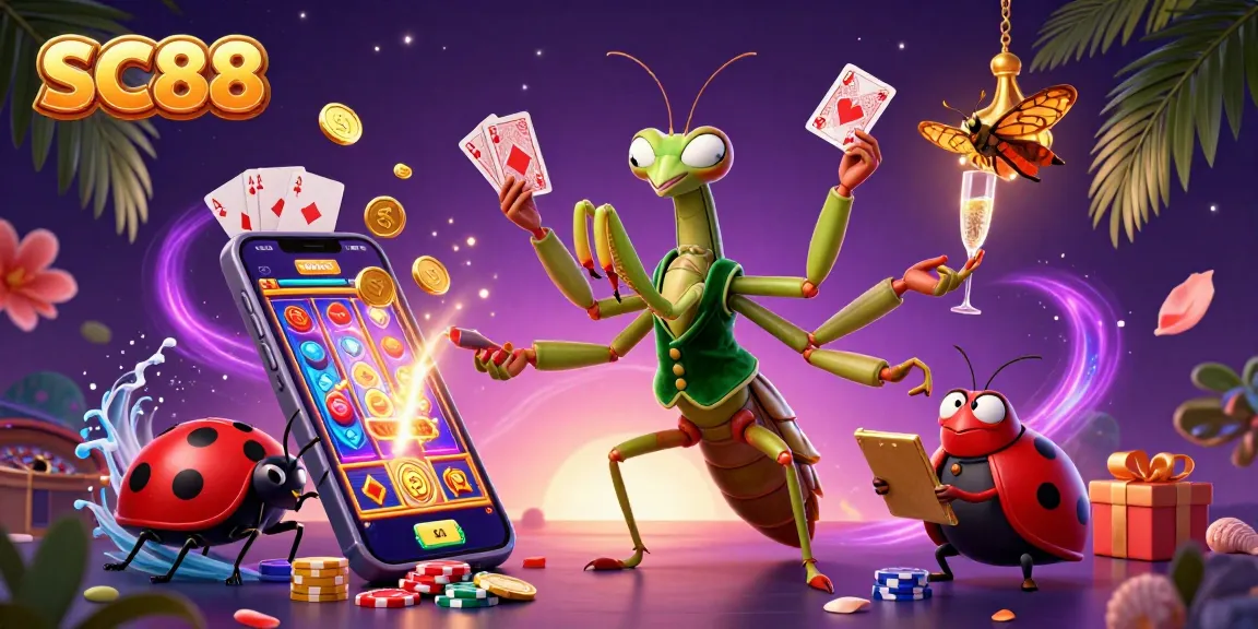Enjoy vibrant SC88 gaming action with a colorful scene featuring a giant mantis and ladybug in a casino setting.