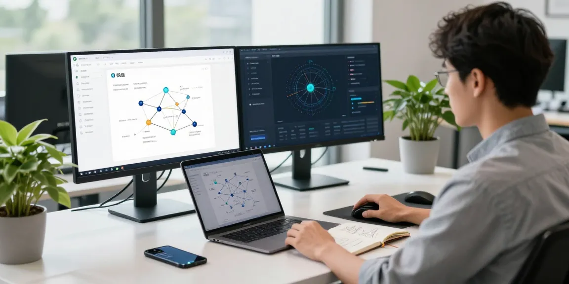 Developer using 快连 networking technology in a modern office workspace with dual monitors and natural lighting.
