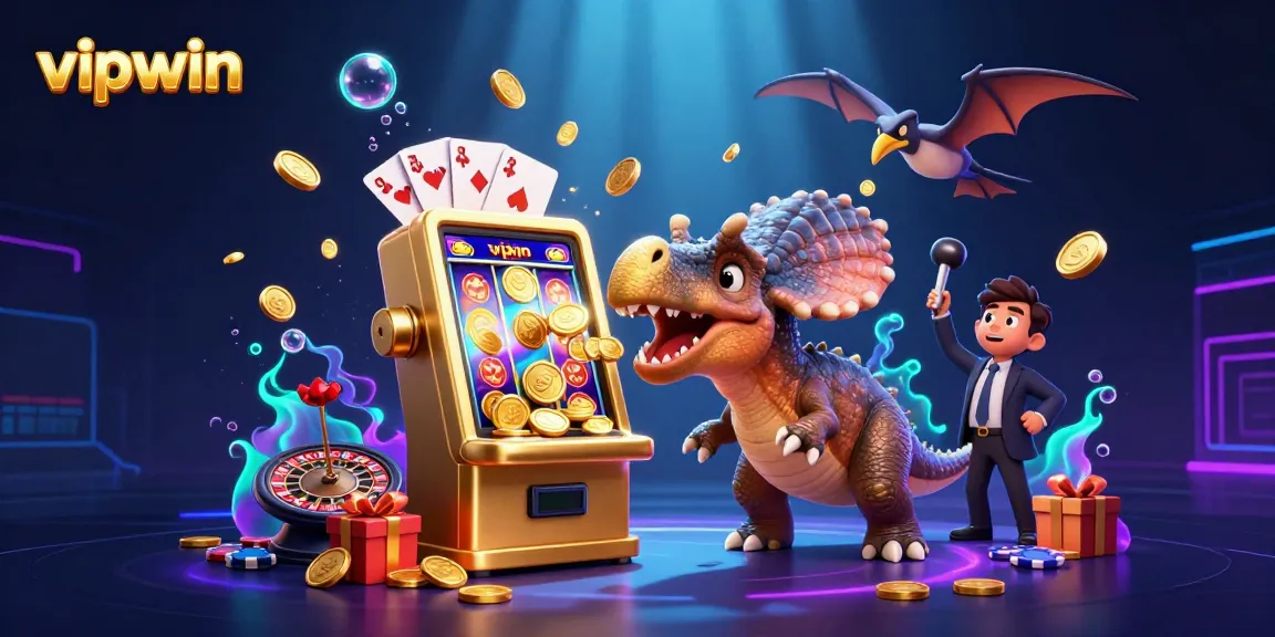 Experience the thrilling action at vipwin with cartoon dinosaurs and slot machines in a vibrant casino scene.