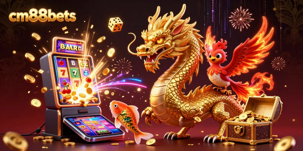 Experience the excitement of cm88bets with a vibrant 3D illustration of a dragon and phoenix amidst a jackpot explosion of casino games.