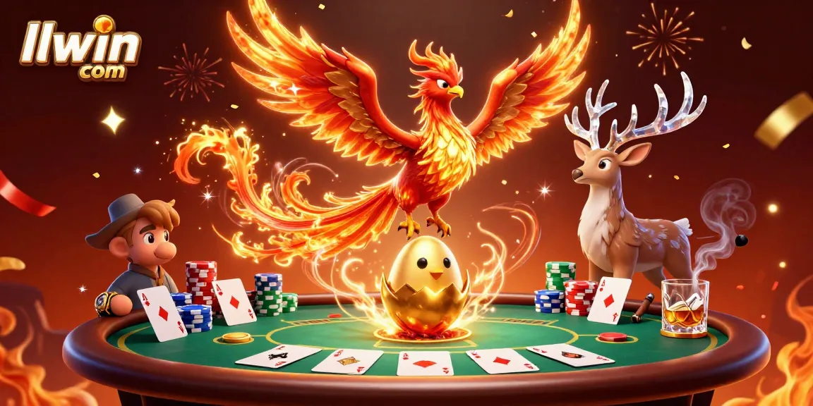 Experience vibrant gaming with llwin com's colorful phoenix and poker scene, embodying high-stakes fun.