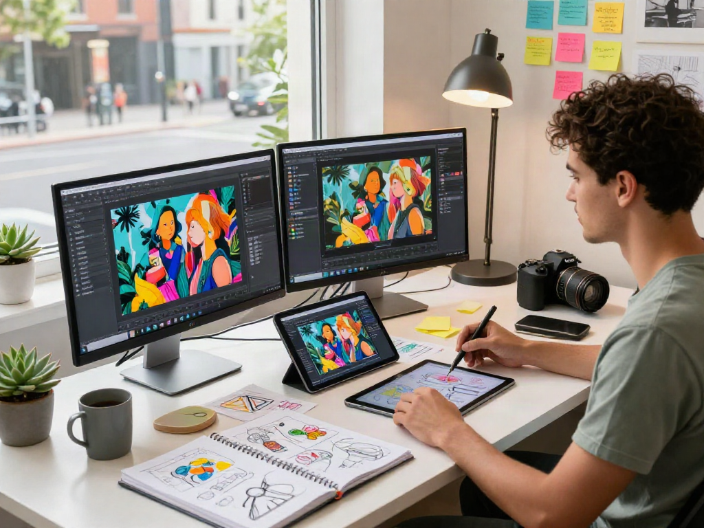Creative workspace featuring an ai image generator from image with designer and colorful sketches.