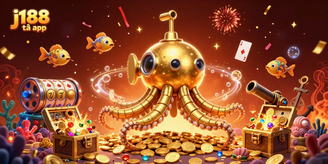Join the excitement of j188 tải app with vibrant casino-themed illustration featuring golden kraken and treasure.