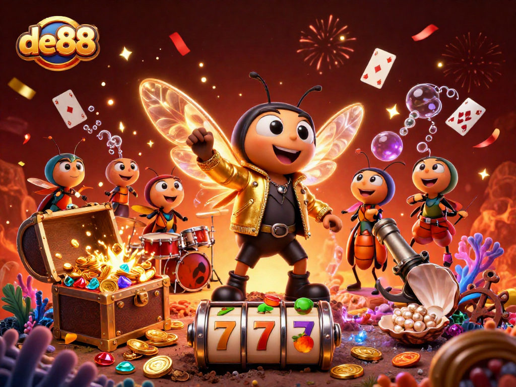 de88 showcases a vibrant casino scene with a cicada rock star and dynamic gaming elements.