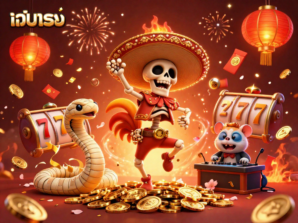 Experience เว็บตรง excitement with a lively scene of cartoon characters dancing and celebrating amidst golden casino elements.