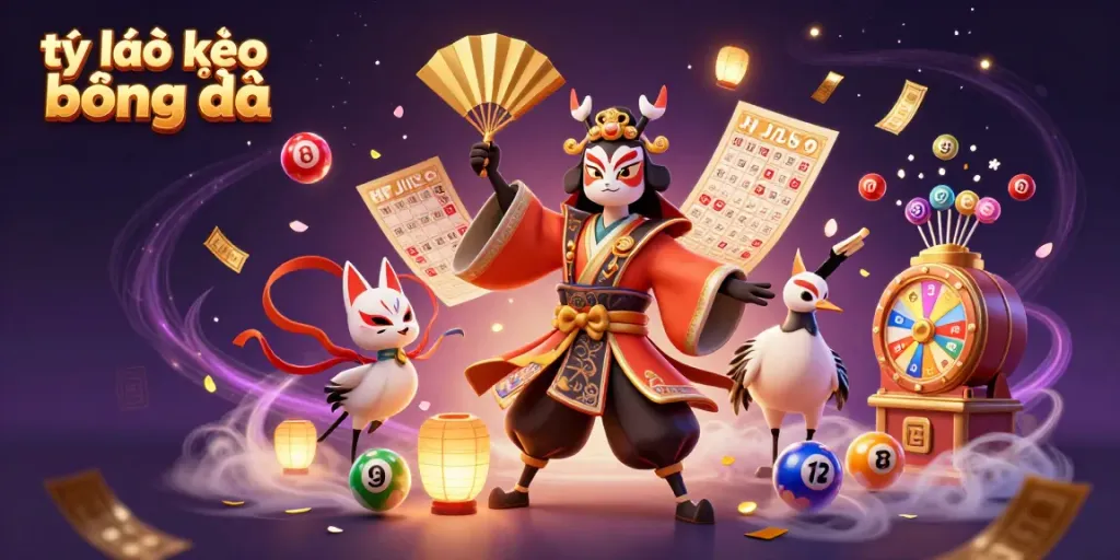 Engage with tỷ lệ kèo bóng đá through a dynamic 3D scene featuring traditional characters and vibrant gambling elements.