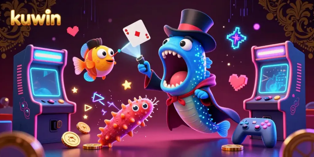 Kuwin's magical casino scene features a gulper eel performing card tricks, surrounded by vibrant arcade game elements.