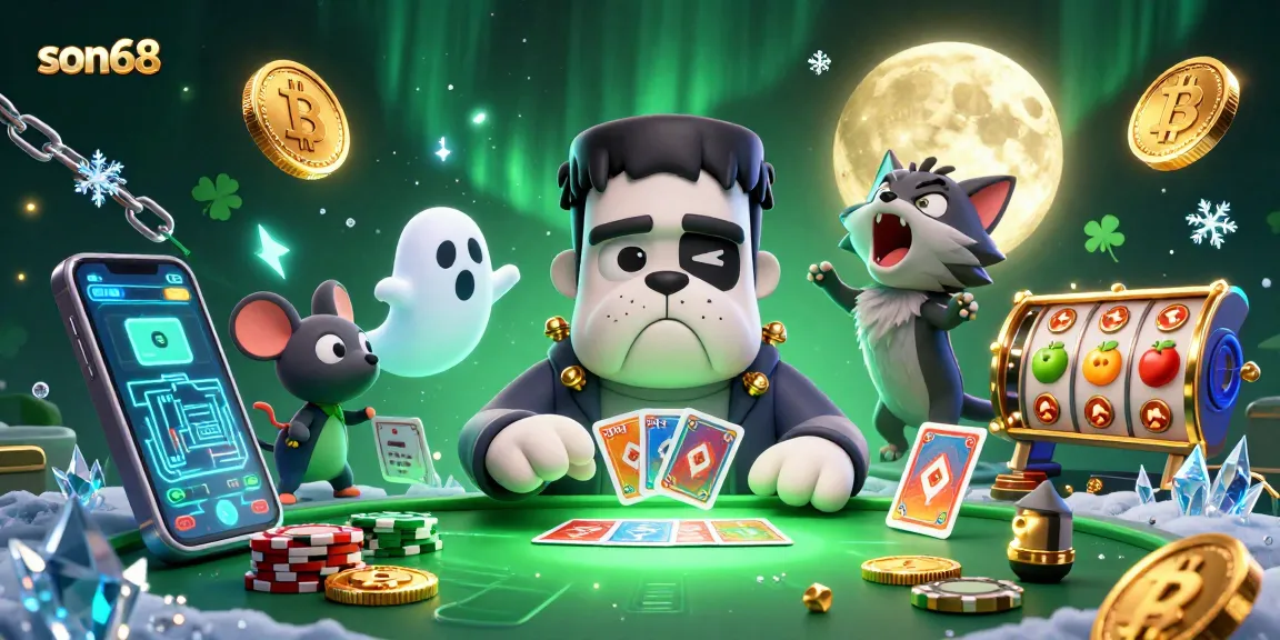son68 showcases a vivid scene with a Frankenstein bulldog monster dealing cards and crypto elements in the casino