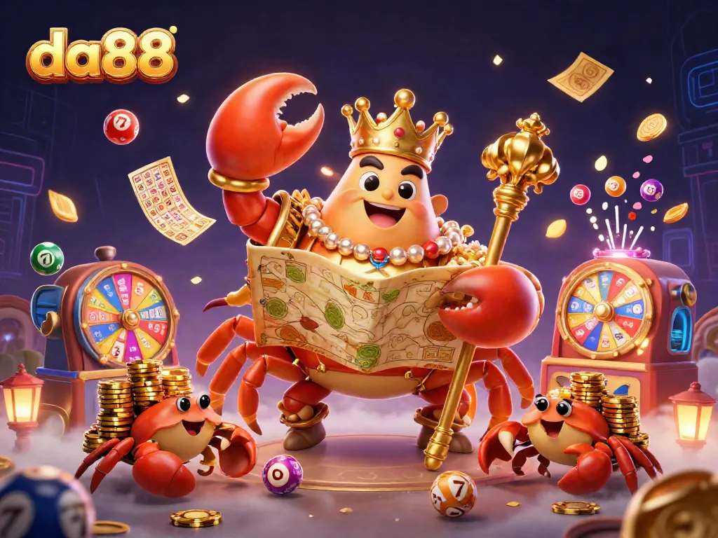 Engage with DA88's vibrant gaming experience featuring a golden crab emperor in a casino-themed illustration.
