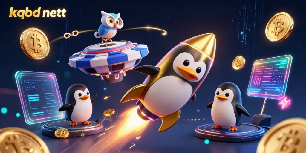 Experience the thrill of kqbd nett with a golden penguin in space amidst glowing cryptocurrency elements.