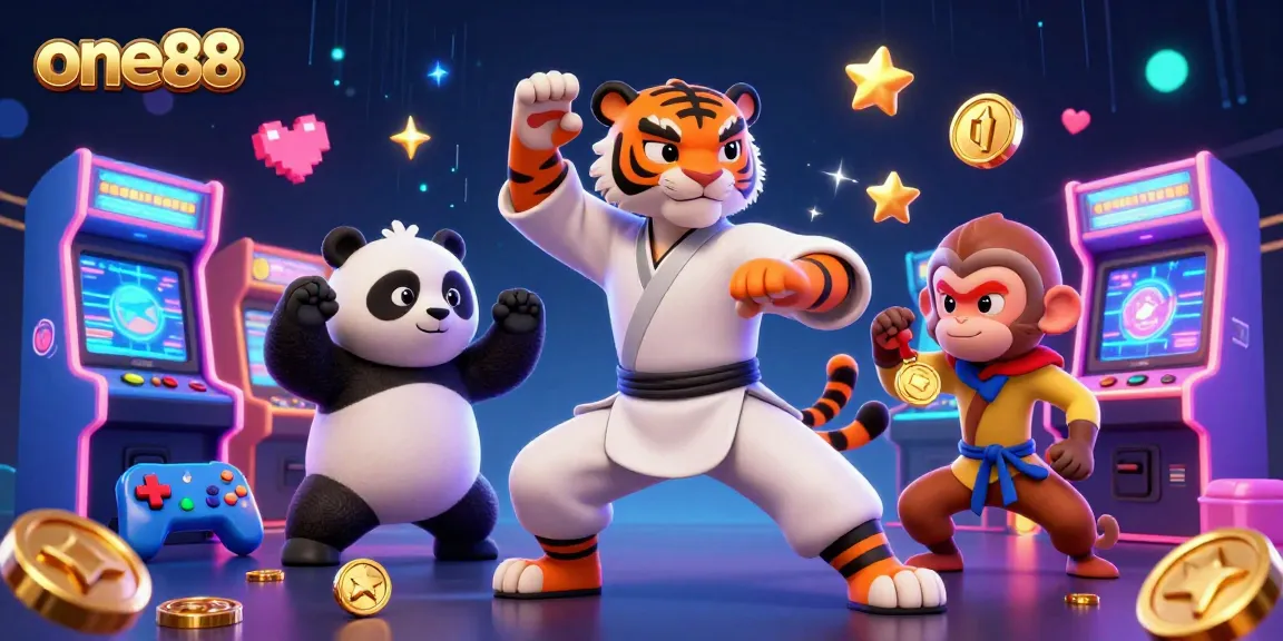one88 casino scene with a kung fu tiger master, panda, and monkey amidst dynamic gaming elements