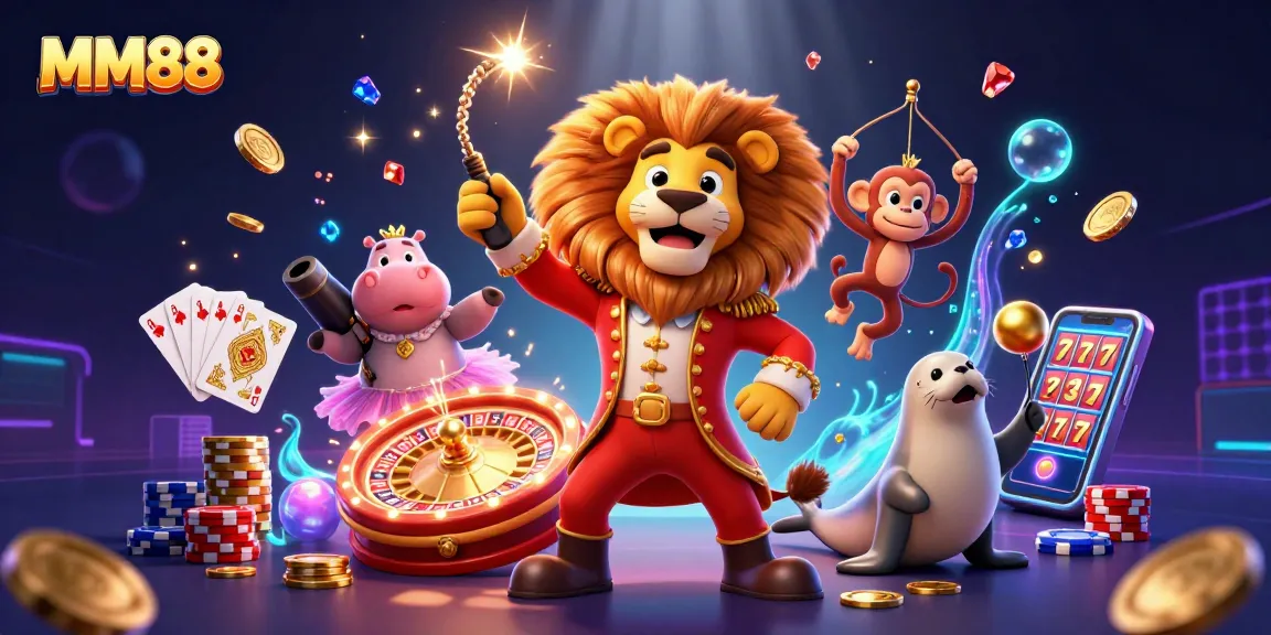 Experience the thrilling MM88 casino with vibrant characters in a dazzling 3D illustration.