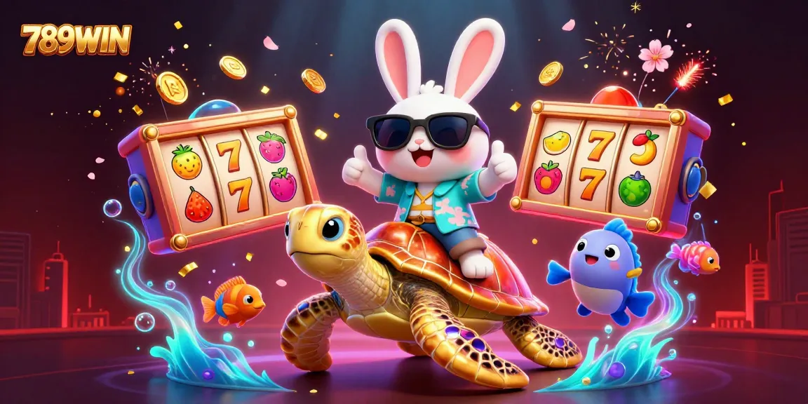 Win big with 789WIN: Celebrate with a vibrant casino scene featuring a lucky rabbit and treasures.