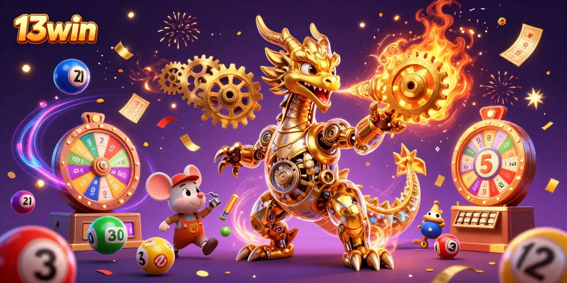 Experience excitement with 13win's golden dragon and vibrant lottery elements in this dynamic illustration.