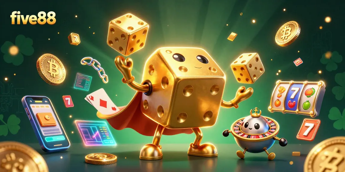 Play casino games with five88 featuring an engaging illustration of a golden dice golem and slot machines.