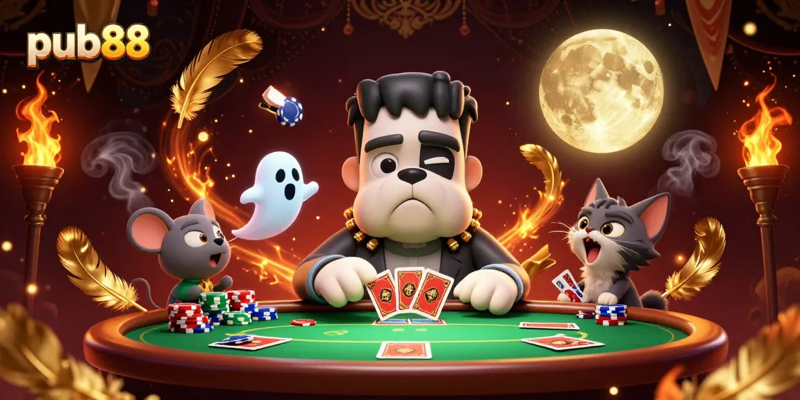 Play poker with pub88’s spooky characters at an exciting green-lit table!