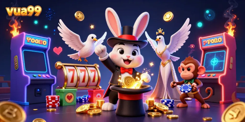 Engage with the magical world of vua99 through an enchanting casino illustration featuring a rabbit magician, dove assistant, and playful monkey.