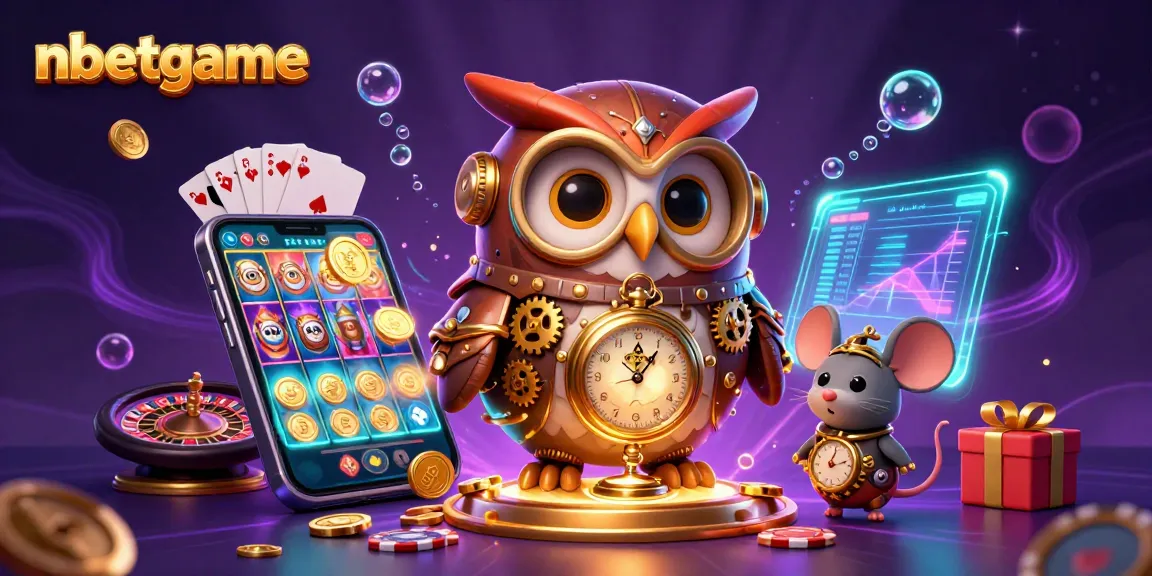 nbetgame shows a vibrant 3D illustration of a steampunk owl in a dynamic casino scene, adding visual excitement.