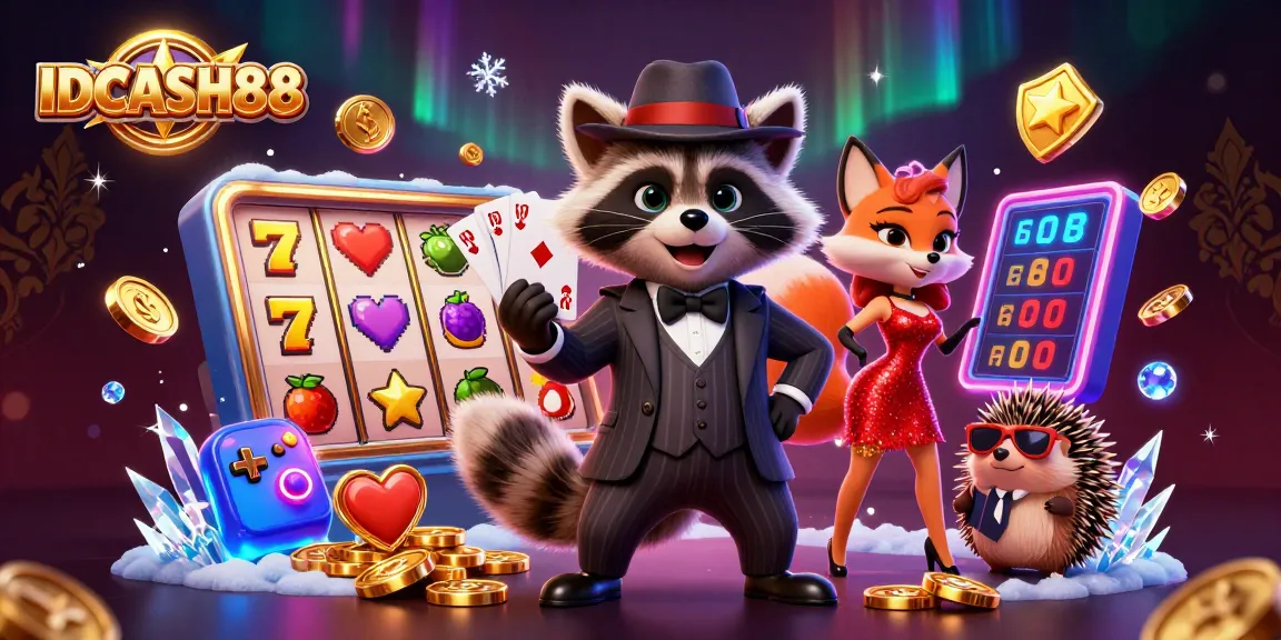 Win big with IDCASH88 in a vibrant casino atmosphere featuring a charming raccoon and fox.