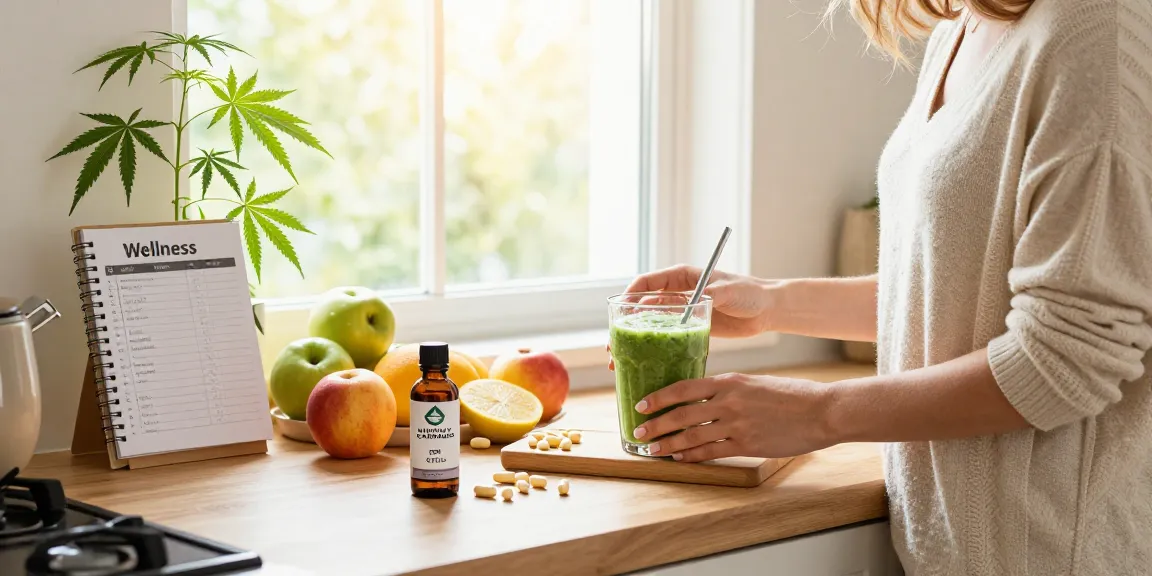 MinistryOfCannabis CBD oil displayed in a bright kitchen with fresh smoothie ingredients, emphasizing natural wellness.