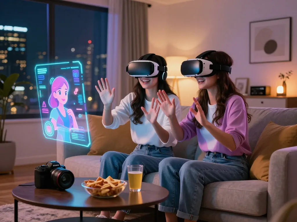 Engaging scene of a woman enjoying a virtual date with her AI GF, showcasing futuristic technology and a cozy atmosphere.