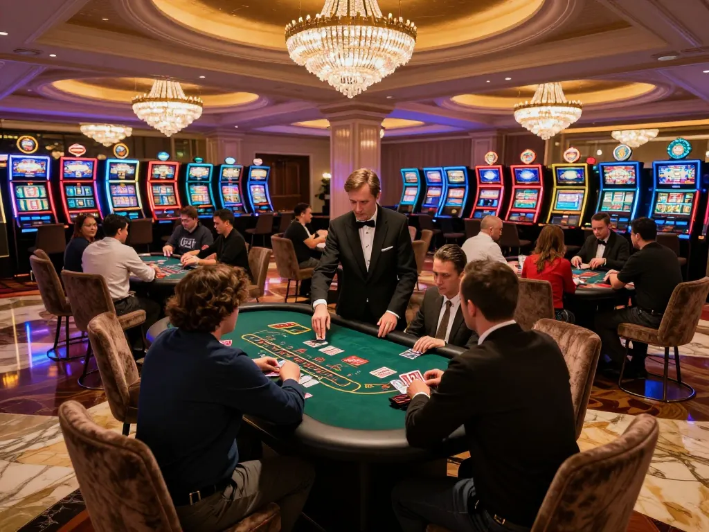 Exciting blackjack action at 789winlem's upscale casino with players and dealers in a vibrant atmosphere.