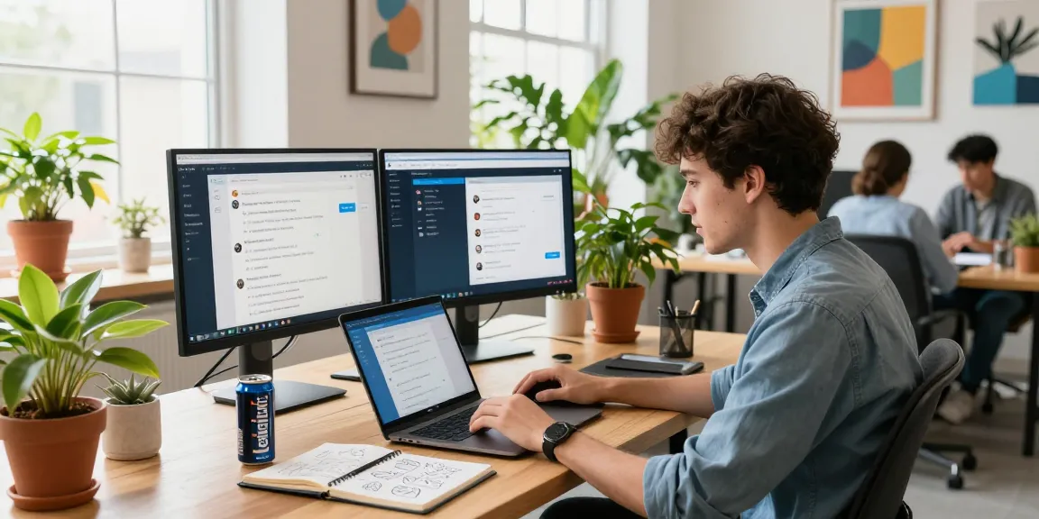 Professional using Telegram Web Version in a vibrant co-working space with dual monitors and creative decor.