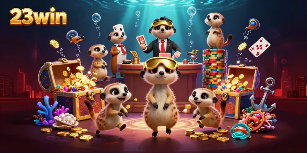 Experience the excitement of 23win with meerkats running a vibrant underwater casino operation.