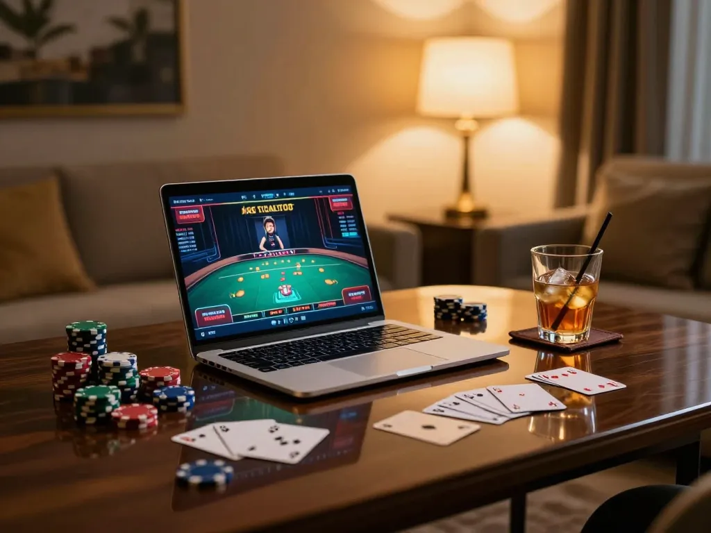 Engaging in online gameplay at gamebaidoithuong8 with a stylish gaming setup featuring poker chips and a laptop.