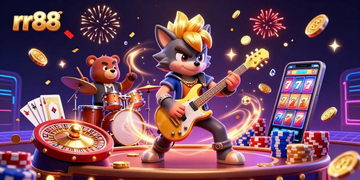 Experience the thrill of rr88 with a rock star-themed casino scene featuring golden coins and luxurious game elements.