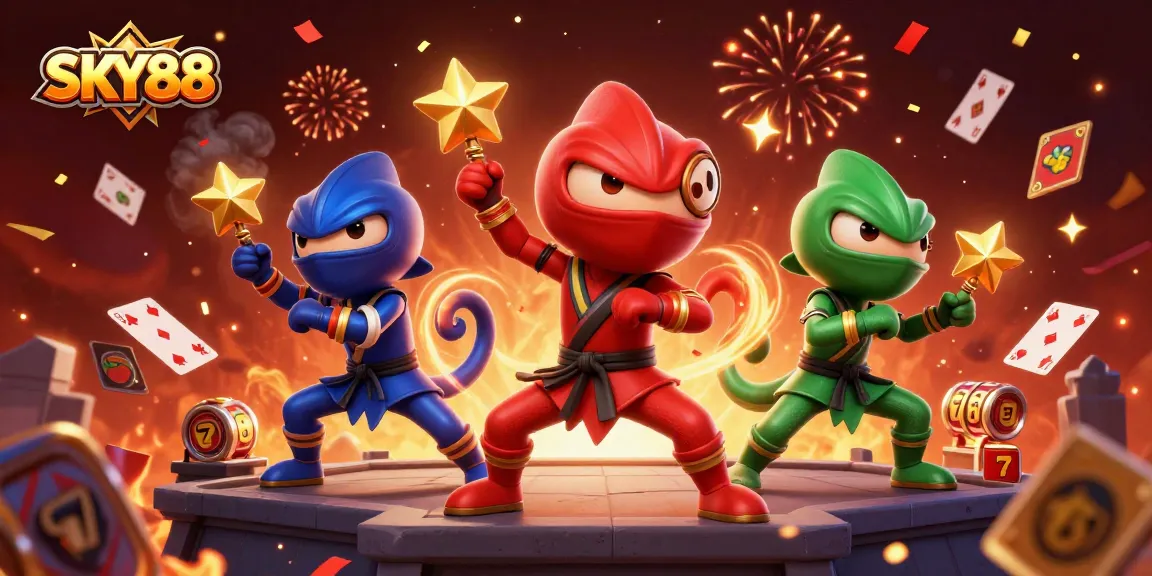 SKY88 features a dynamic scene with 3D chameleon ninjas in action amidst casino elements.