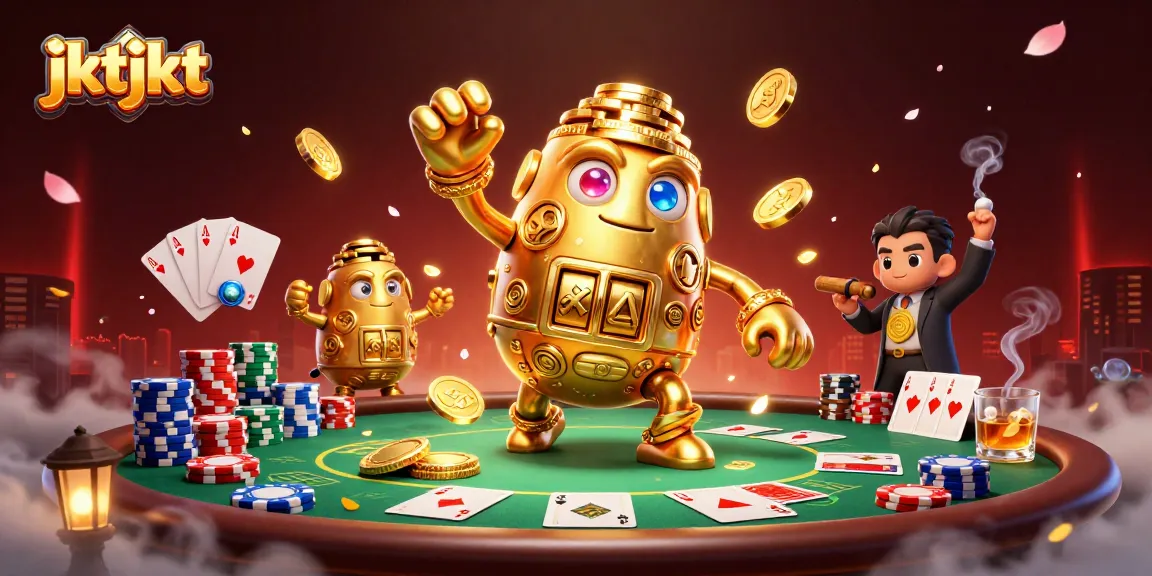 Menggambarkan momen memukau dari jktjkt dengan golem emas di meja poker, simbol slot dan koin berkilau.