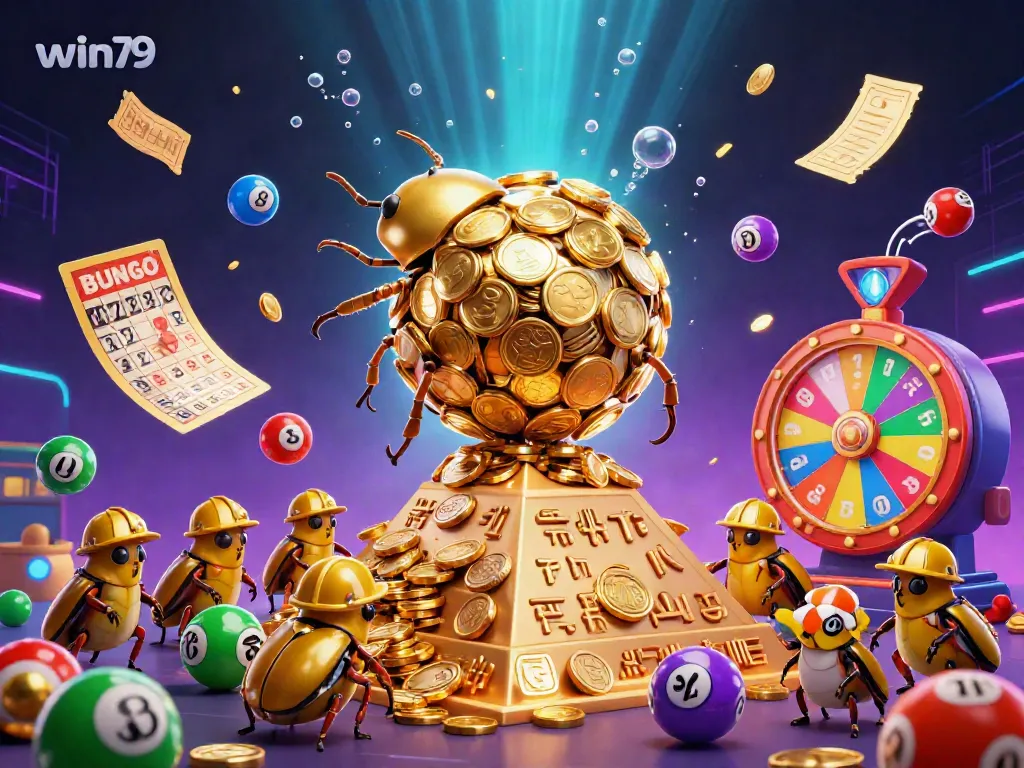 Experience a vibrant win79 gaming adventure with golden characters and dynamic lottery elements.