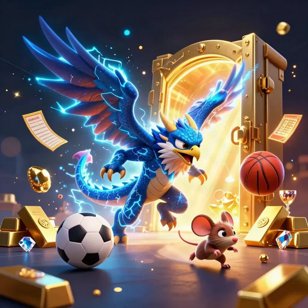Thunder dragon, winged hawk and static mouse explode around casino gold and flying sports balls.