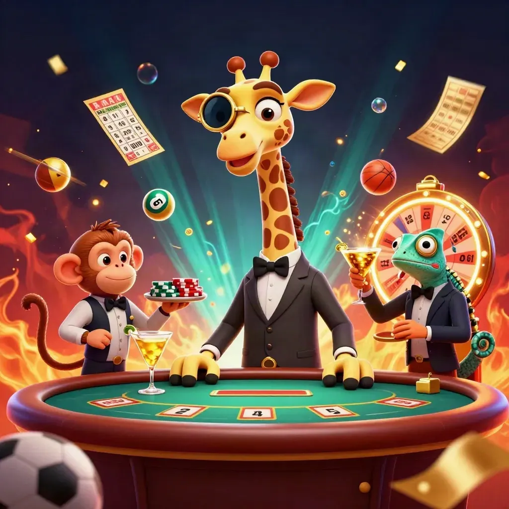 Cartoon giraffe, monkey and chameleon at a casino table with flying chips and neon sports props.