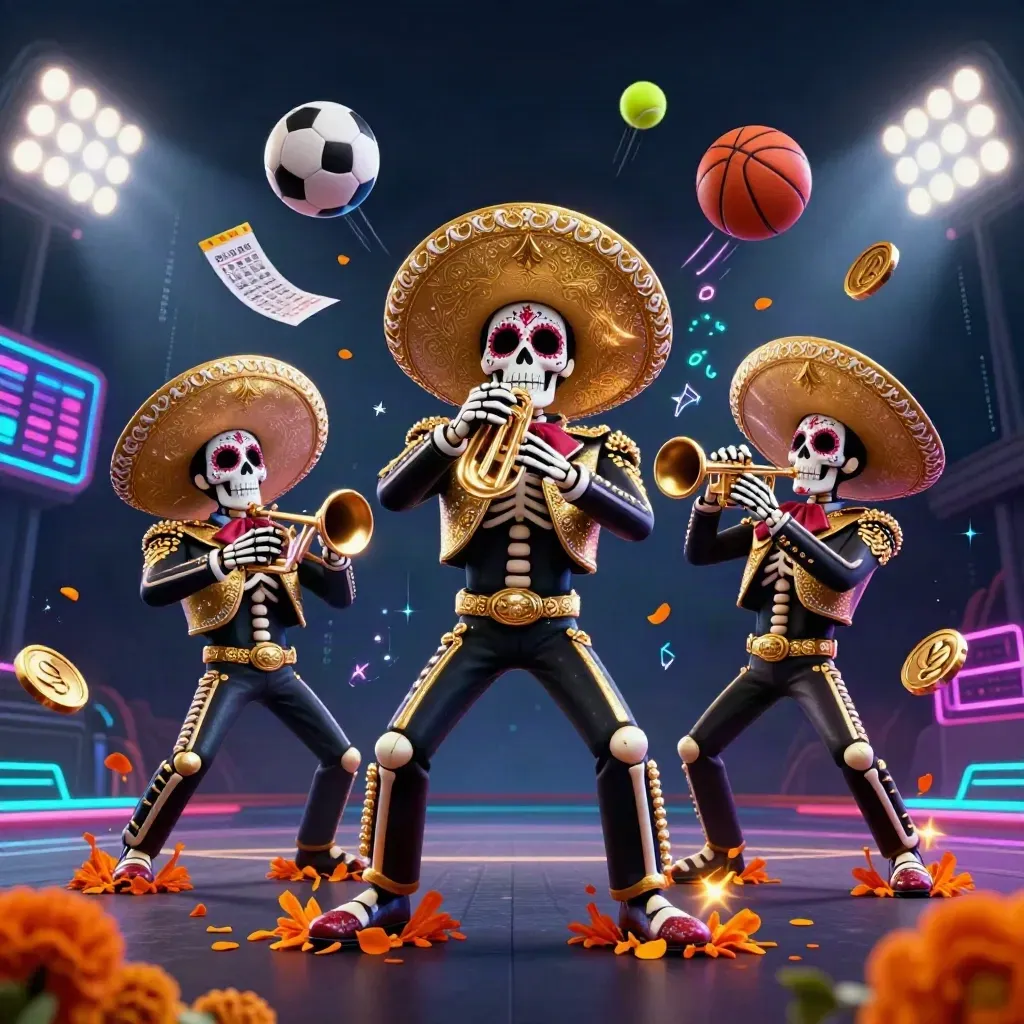 Skeleton mariachi trio surrounded by flying sports balls, gold coins, and neon casino effects.