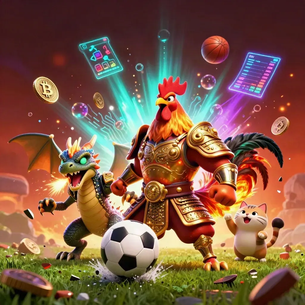 Rooster samurai, dragon hatchling, and fortune cat amid a flying soccer ball and casino neon.