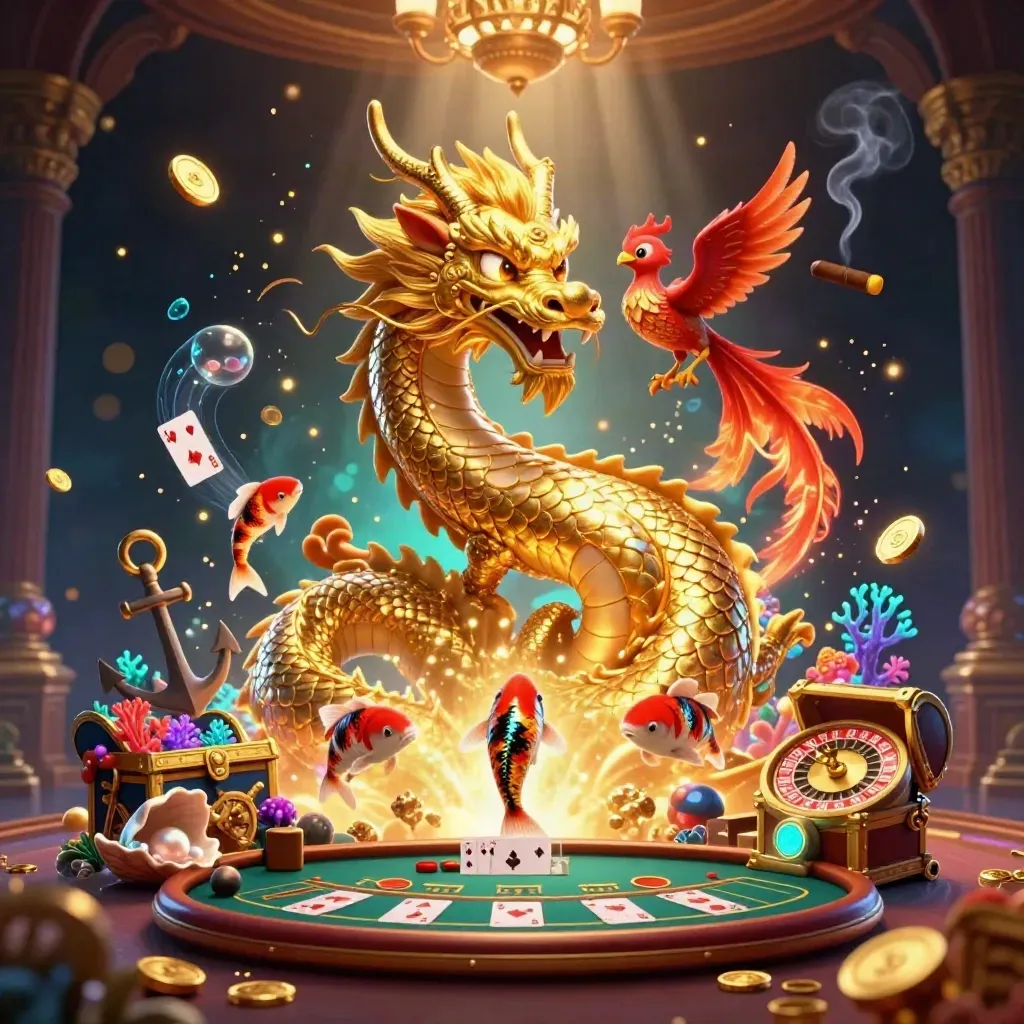 Golden dragon, phoenix and koi in a glowing casino treasure cove with coins, coral, and spinning roulette.