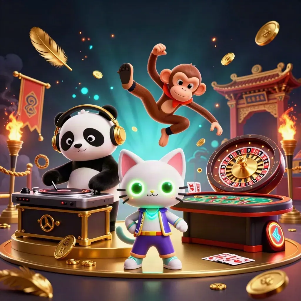 DJ panda, breakdancing monkey, and glow kitten in a neon casino with roulette, smoke, and gold glow