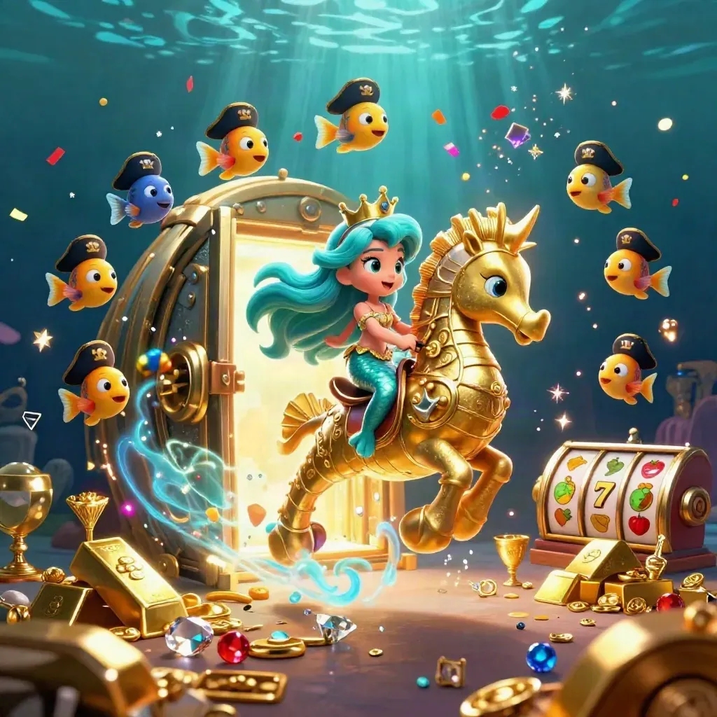 Mermaid princess on armored seahorse amid treasure, gems, pirate fish, and underwater light bursts.