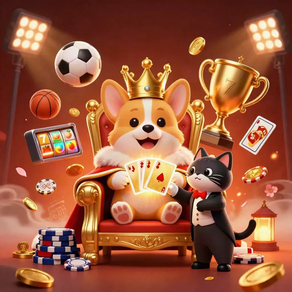 Royal corgi and cat butler amid flying sports balls, coins, and neon casino glow.