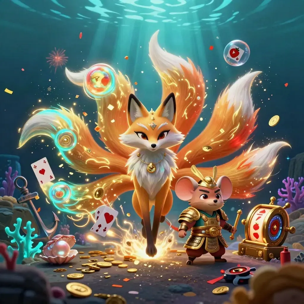 Nine-tailed fox spirit and samurai mouse amid coins, coral, and casino relics underwater