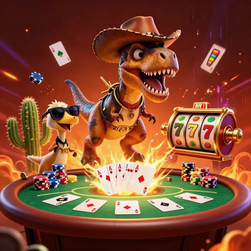 Cowboy T-Rex, cactus sidekick, and sheriff roadrunner blast poker chips in a fiery casino scene.