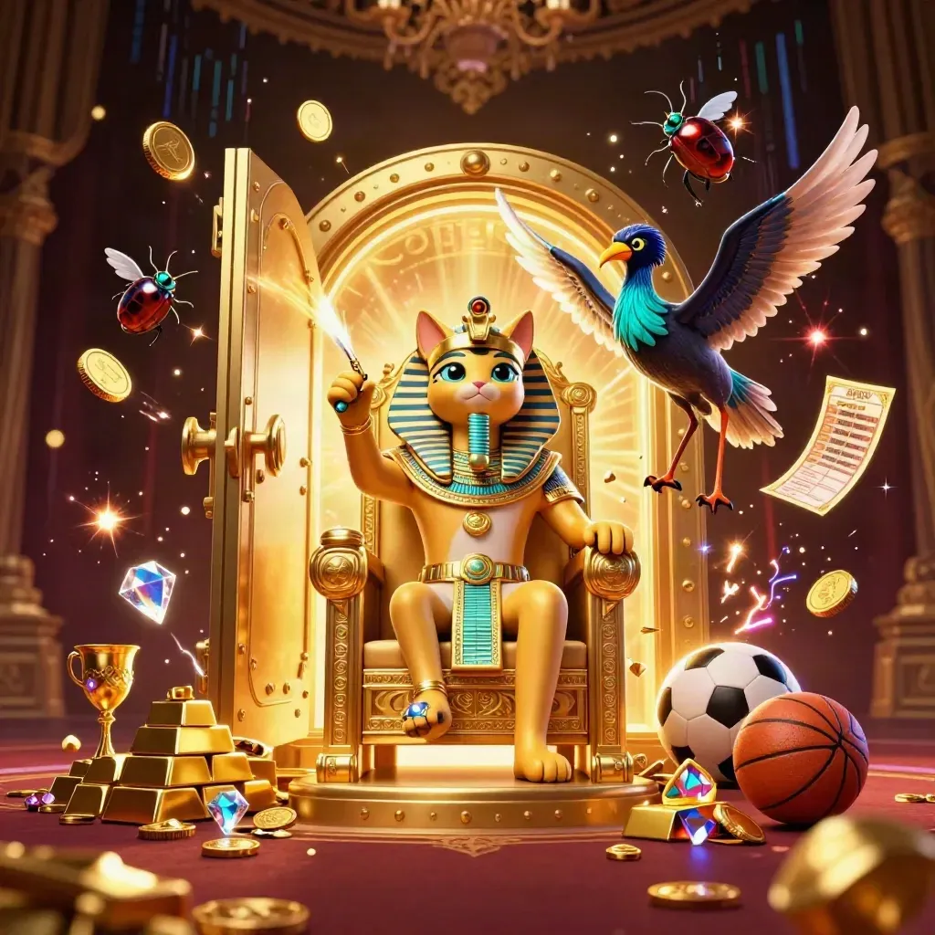 Pharaoh cat, ibis scribe and gem-winged scarabs amid a bursting vault and casino treasure