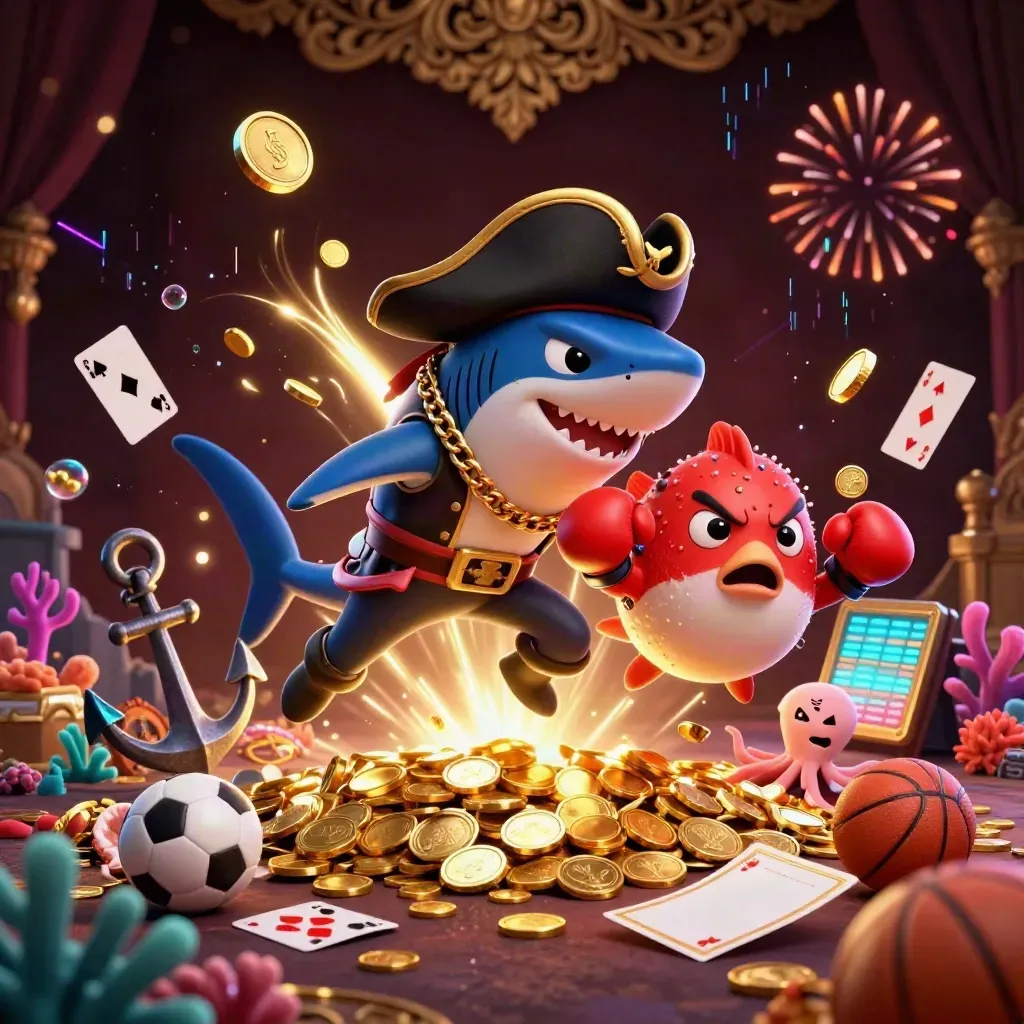 Pirate shark, boxing pufferfish and coin-juggling octopus in a vault of coins and casino glow