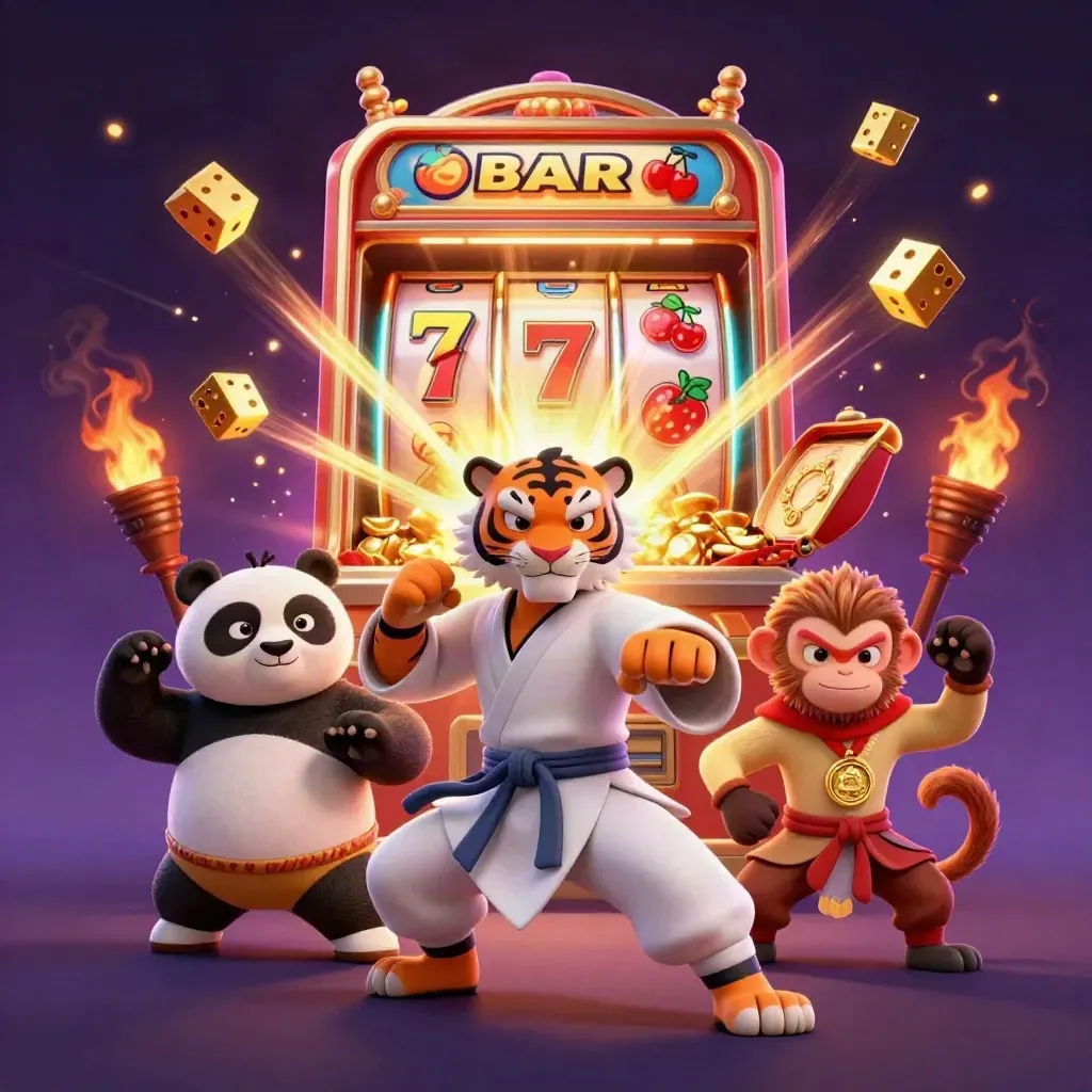 Kung-fu tiger, panda, and monkey burst from a slot machine with gold and neon effects.