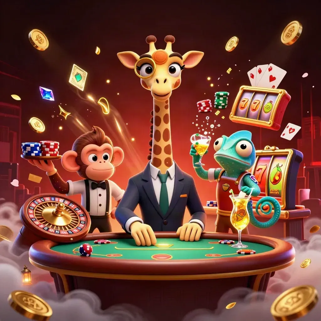 Giraffe, monkey, and chameleon casino heroes amid coins, chips, cards, and neon glow